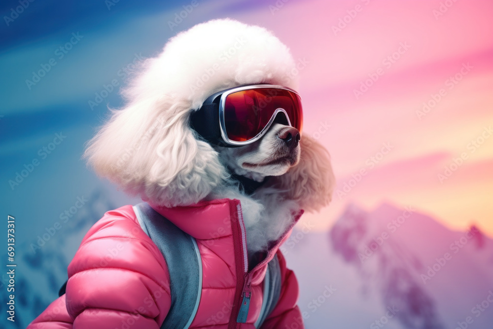 Chic Poodle in Ski Goggles and Jacket Against Mountain Sunse Chic Poodle in Ski Goggles and Jacket Against Mountain Sunse