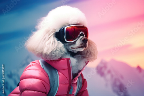 Chic Poodle in Ski Goggles and Jacket Against Mountain Sunse © Ai Studio
