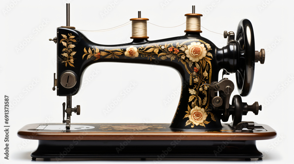 Antique Sewing Machine Isolated on White Background.
