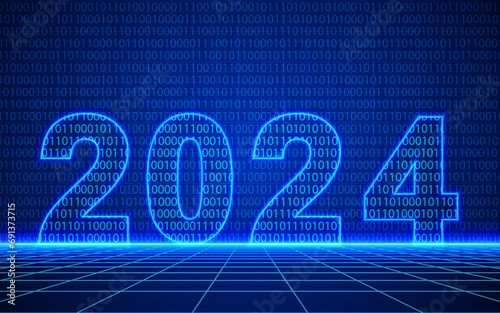 2024 number and binary code with neon outline scene on Futuristic technological grid background. Digital cyber space design, cyberpunk technology, Virtual reality, science fiction matrix backdrop