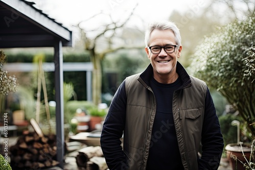 A confident mature businessman in a garden store, wearing glasses and smiling outdoors. photo