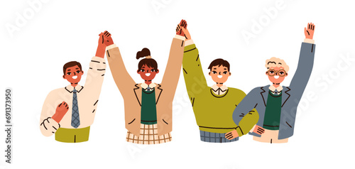 Happy school children group celebrating victory. Student winners team gesturing arms up. Excited kids characters, classmates, schoolkids. Flat vector illustration isolated on white background