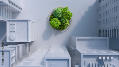 3d render of small fenced grove in middle of city photo