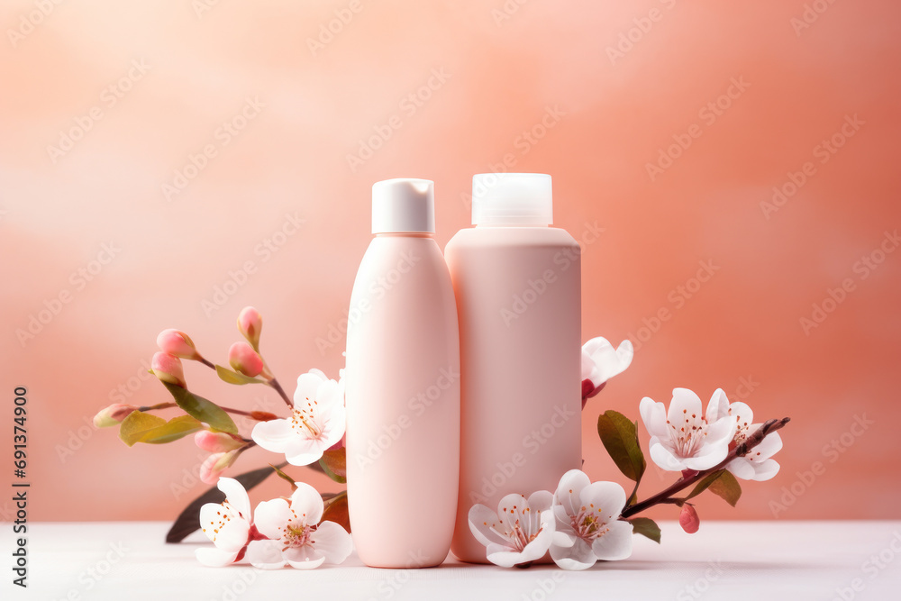 Natural skincare cosmetics bottles products with pastel pink cherry flowers Natural skincare cosmetics bottles products with pastel pink cherry flowers