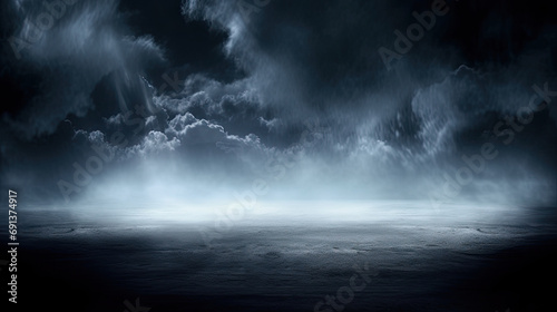 A mysterious and dramatic night scene with a beam of light emerging from stormy clouds. Perfect for book covers, spooky themed designs, and dramatic storytelling visuals. photo