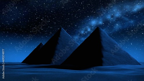 The camera moves in a semicircular path in front of three pyramids in the desert at night with a sky of stars and the Milky Way in the background. Mysteries of antiquity. 3D Rendering
 photo