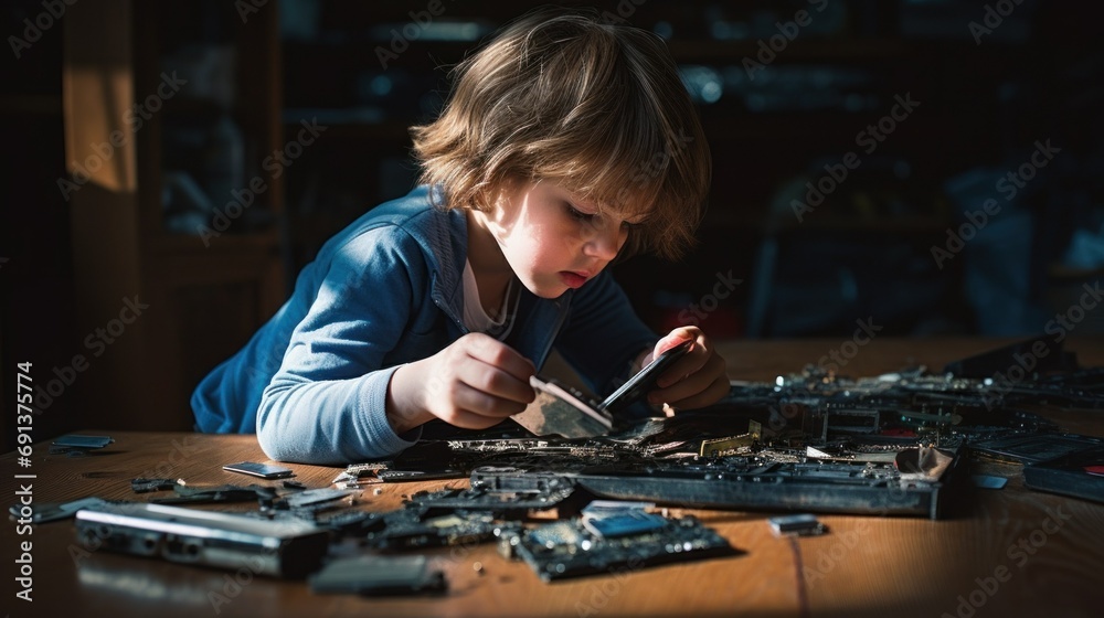 Concentrated Boy Repairing Electronic Motherboard. Focused kid is engaged in repairing an electronic motherboard, showcasing his interest and skills in technology and engineering.