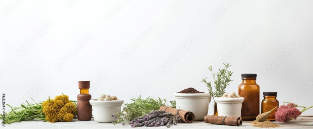 Herbal Apothecary with Natural Ingredients. A traditional apothecary setting with natural dried herbs, flowers, and various bottles, alternative medicine, herbal medicine and holistic healing. - obrazy, fototapety, plakaty 