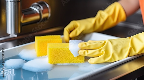 Close up of female hands in yellow protective rubber gloves washing white plate with cleaning sponge in kitchen sink photo