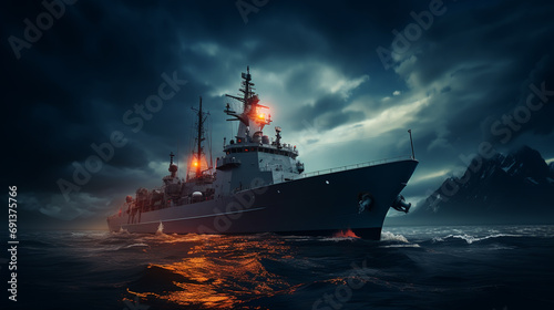 War concept. Night battle scene at sea. Silhouette of the battle ship in night. photo