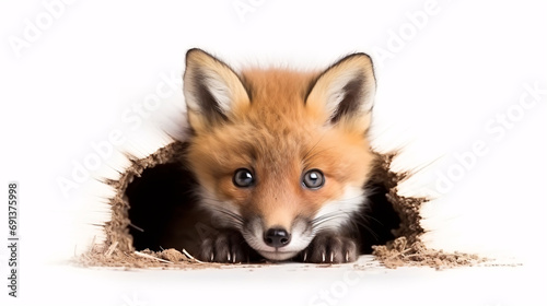 Curious Red Fox Pup Peeking isolated on white. Generative ai