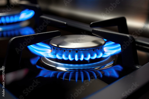 Close up shot of blue fire from domestic kitchen stove top. Gas cooker with burning flames of propane gas. Gas supply chain and news. Global gas crisis and price rise photo