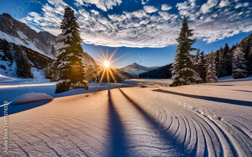 Ethereal Winter Wonderland, A Majestic Sunset Blanketing Snow in Golden Hues photo