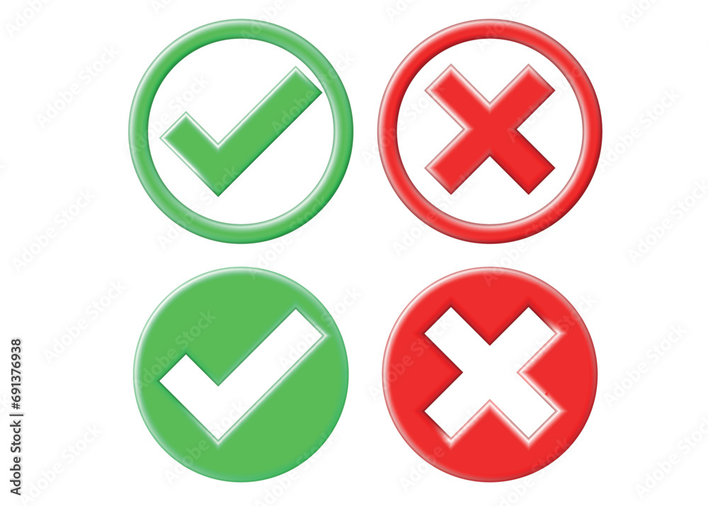 3D Right and Wrong Button in Round Shape. Green Yes and Red No Correct Incorrect Sign. Checkmark Tick Rejection, Cancel, Error, Stop, Negative, Agreement Approval or Trust Symbol. Vector Illustration 3D Right and Wrong Button in Round Shape. Green Yes and Red No Correct Incorrect Sign. Checkmark Tick Rejection, Cancel, Error, Stop, Negative, Agreement Approval or Trust Symbol. Vector Illustration