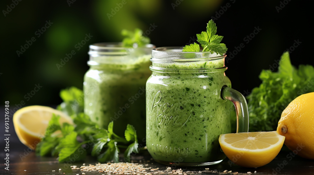 Blended green smoothie with ingredients on wooden table Blended green smoothie with ingredients on wooden table