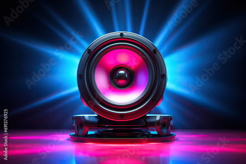 Music column, speaker with neon rays. Music and sound concept. Generated by artificial intelligence