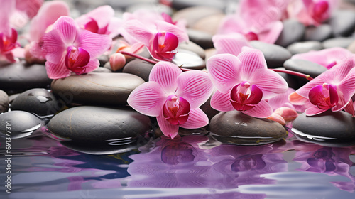 Spa background with pink orchids and pebbles