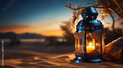 Ornamental Arabic lantern with burning candle glowing on sand. Festive greeting card, invitation for Muslim holy month Ramadan Kareem.