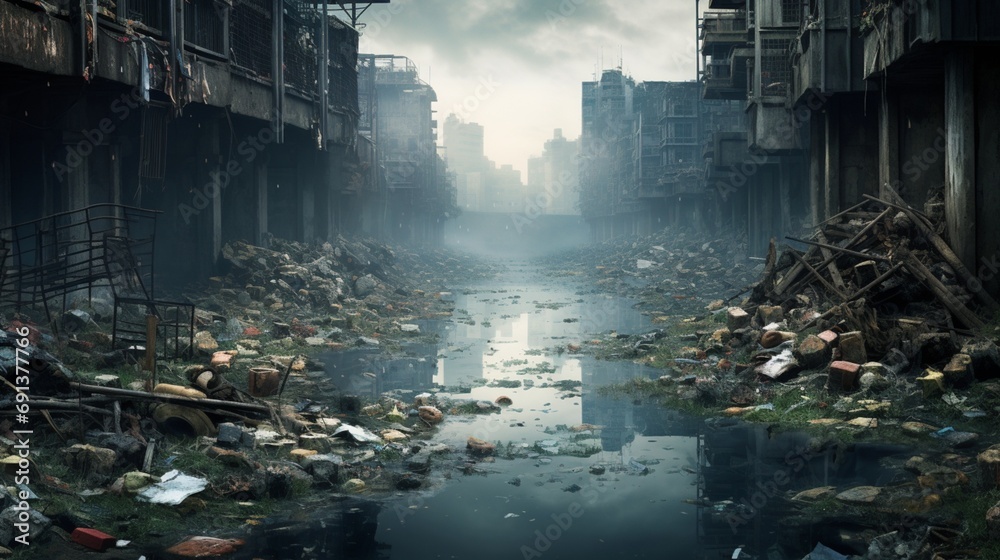 a visual metaphor for pollution in urban areas, with litter-strewn streets and polluted water bodies,