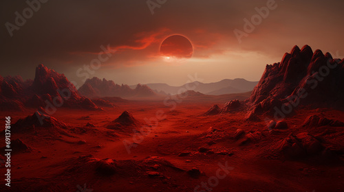 Landscape on the planet Mars, surface is a picturesque desert on red planet. artwork