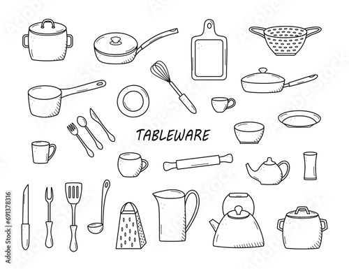 Kitchen tools and tableware doodle icon. Vector illustration set of elements cook.