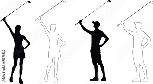 Golf swing sequence, vector illustration. Four distinct phases of golfer’s swing motion, perfect for sports design themes, instructional materials. Clear silhouettes showing movement, posture. Ideal f