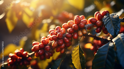 Close up Fresh organic red coffee cherries, raw berries coffee beans on coffee tree plantation. photo