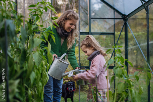 Little girl and mother watering plants in garden, using collected rainwater. Concept of water conservation in garden and family gardening.