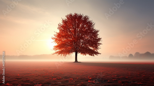 a lonely tree at a fiery sunset in a field © alexkich