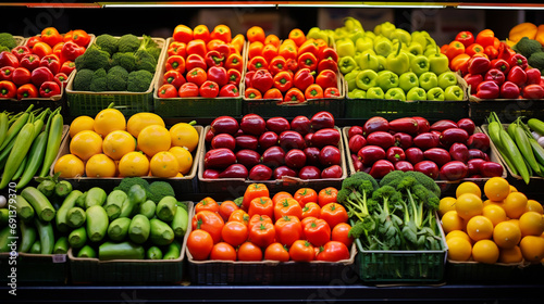 big choice of fresh fruits and vegetables on market counter