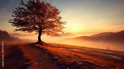 a lonely tree at a fiery sunset in a field