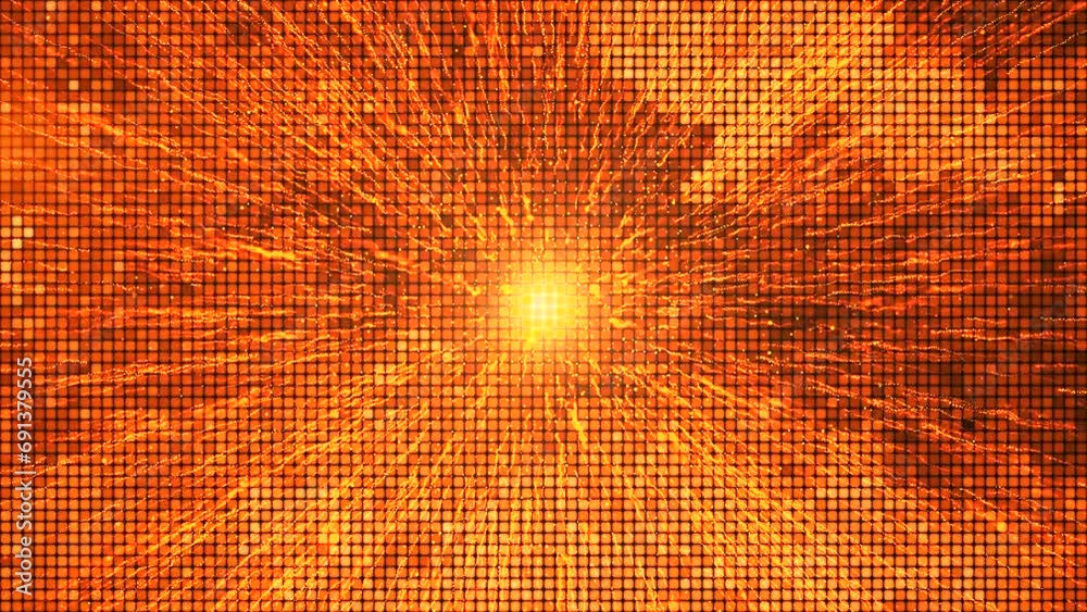 Abstract bright mosaic background. Abstract orange LED background with rays and motion dots. Technology digital square sparkling color background. Yellow pixel grid background. Animation of a geometri