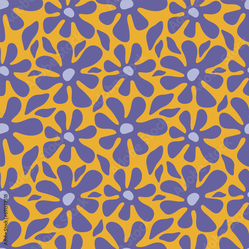 Seamless floral pattern. Abstract purple flowers on a yellow background. Retro style