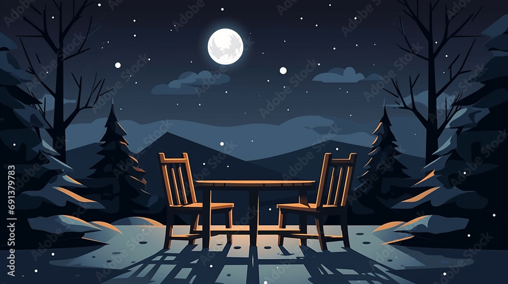 Patio garden furniture, wooden table and chairs covered with snow in winter, UK - obrazy, fototapety, plakaty 
