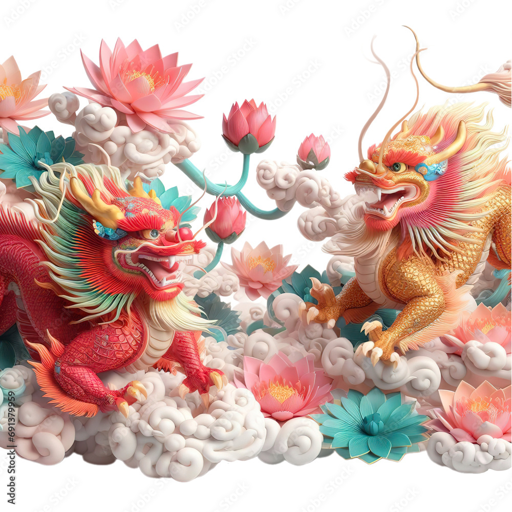 2 Dragon lions clustered in lotus lagoon, transparent png wallpaper by Ai generated