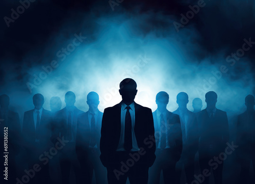 silhouettes of a business team with blue fog, teamwork management