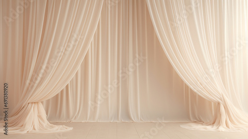 The closed beige curtain in the theatre background. Theatrical drapes. Beige curtains on a theatre stage. photo