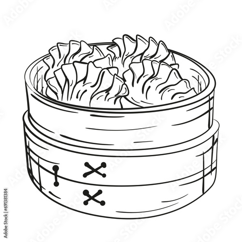 Chinese dumplings in bamboo steamer. Traditional Asian food. Hand drawn vector illustration.