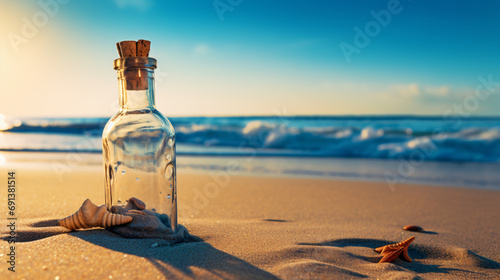 Message in a bottle standing on the beach sand