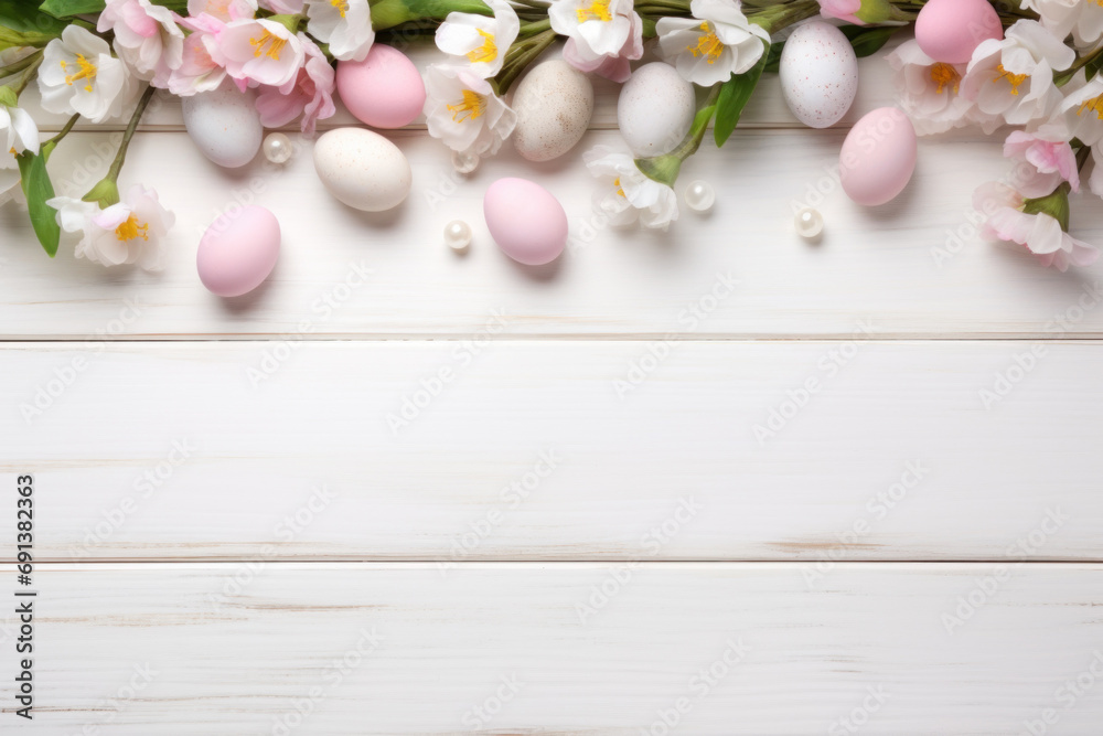 light background for Easter card, white boards, painted eggs, spring flowers light background for Easter card, white boards, painted eggs, spring flowers