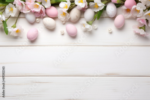 light background for Easter card  white boards  painted eggs  spring flowers