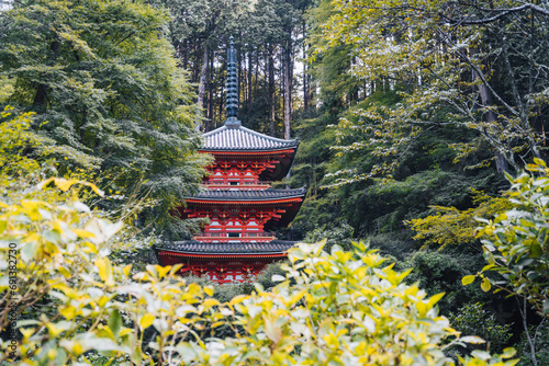 Beautiful red temple in a green forest near Kyoto, Japan. Asia