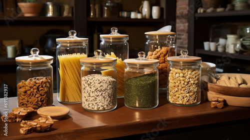 food, healthy eating and diet concept - jars with oat, corn flakes and granola photo