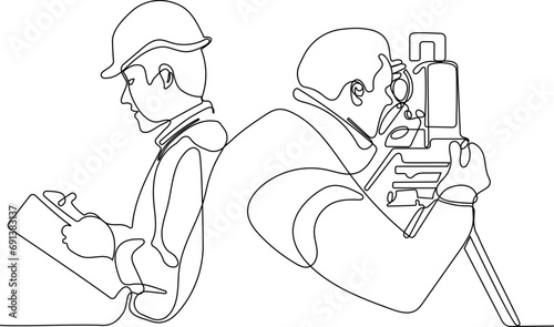 Close up of Caucasian worker with helmet on head using tablet for work while standing in warehouse. Surveyor with a tripod icon. Geodesic tripod. Vector illustration