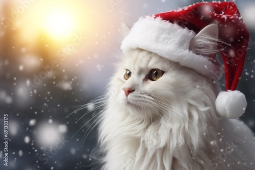 White furry cat in santa claus cap in the snow, snowy christmas