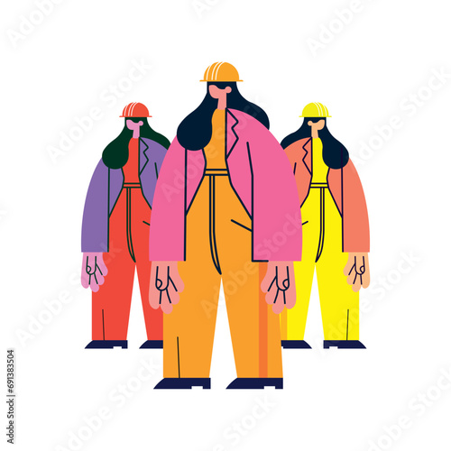 Cartoon construction workers, female, flat character design, vector