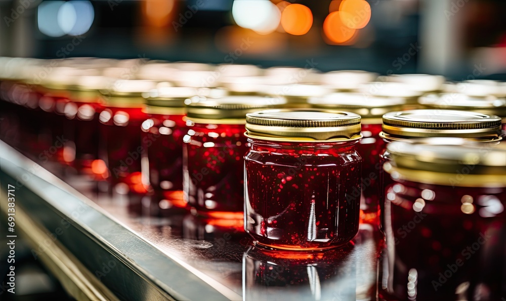A Colorful Array of Liquid-Filled Jars Gliding Along a Conveyor Belt A Colorful Array of Liquid-Filled Jars Gliding Along a Conveyor Belt