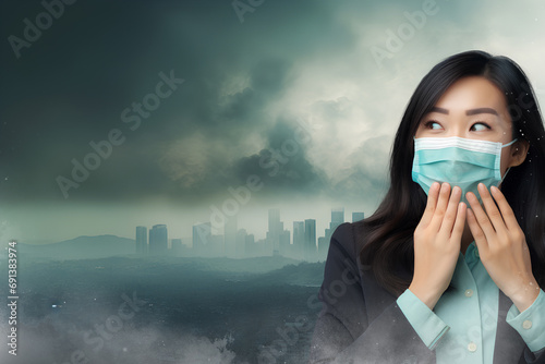 Asian woman cover mouth and wearing face mask protect and filter pm2.5. Change climate dust. photo