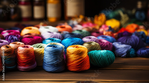 Colorful balls of wool on wooden table. Variety of yarn balls photo