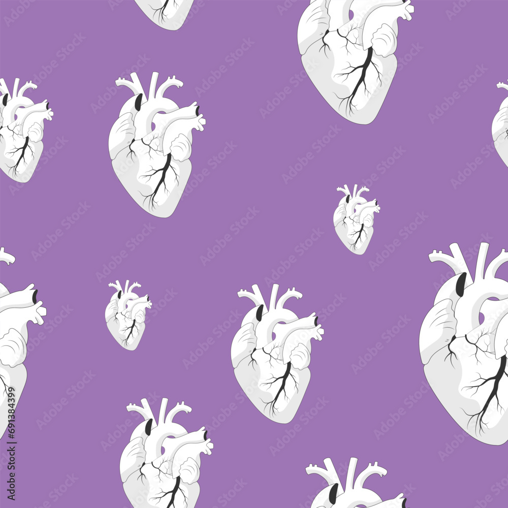 Beautiful seamless pattern of realistic white hearts on a purple background. Hand drawn illustration for original St Valentine's Day, cardiology materials or clinic decor. Beautiful seamless pattern of realistic white hearts on a purple background. Hand drawn illustration for original St Valentine's Day, cardiology materials or clinic decor.